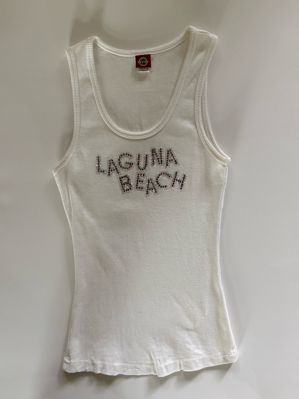 Vintage Laguna Beach White Ribbed Women’s Tank Top with Embellished Logo